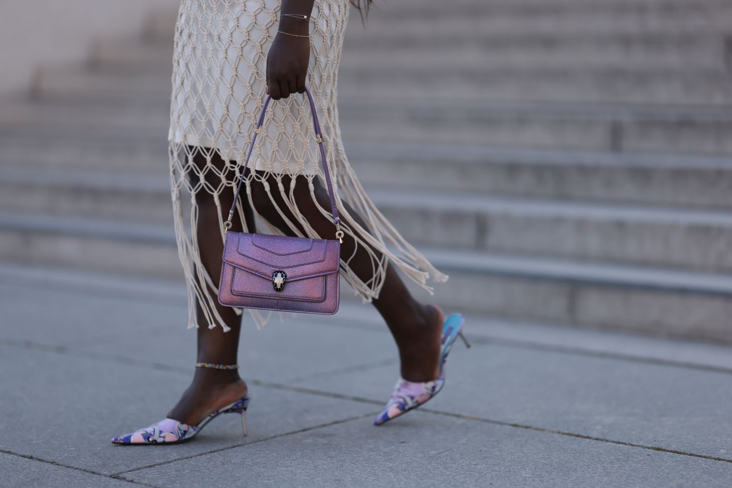 Showing Cancer fashion, Cancer Style, and how to dress like a Cancer zodiac sign, Lois Opoku wears Emilio Pucci lavender kitten heels.