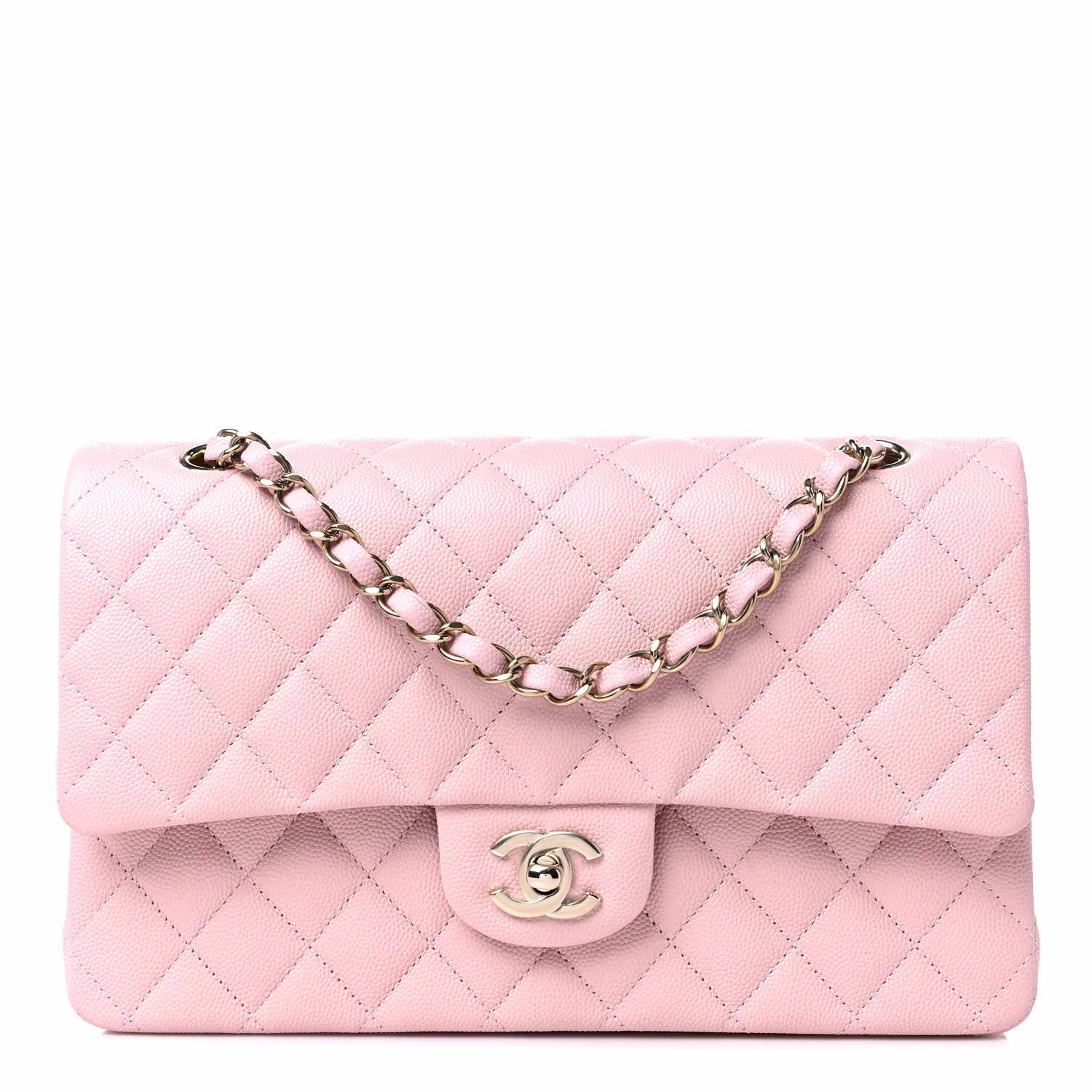 A Chanel Caviar Quilted Medium Double Flap Light Pink, a type of handbag for Taurus.