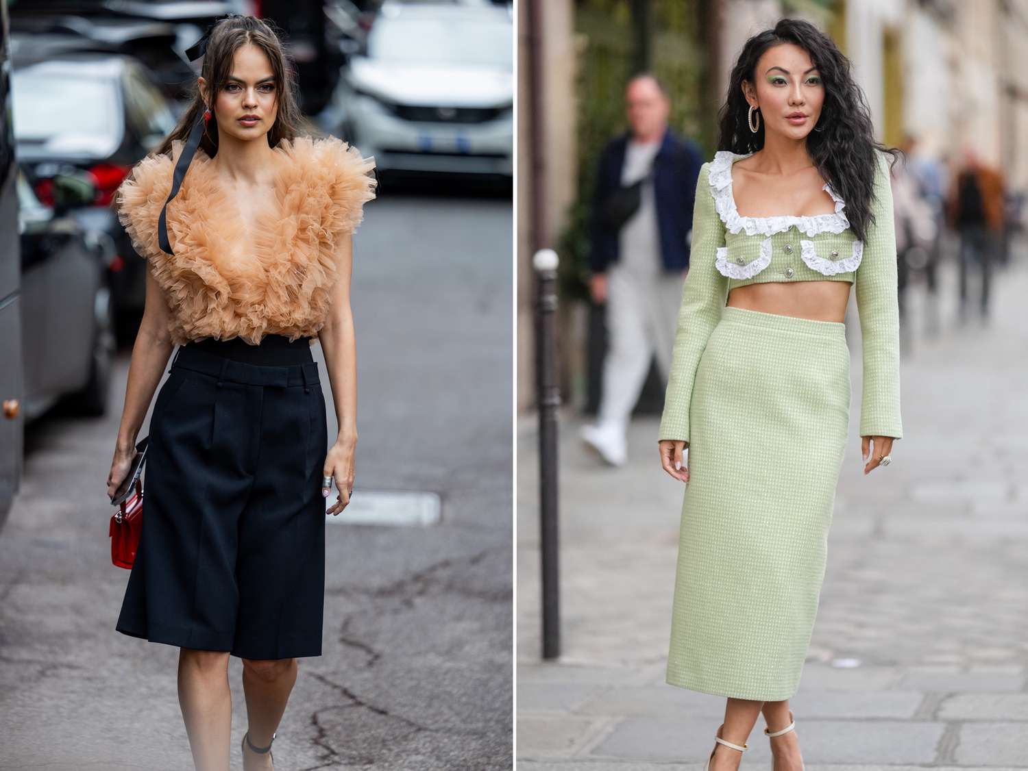 Two women wear ruffle tops with skirts, Libra outfits to try for 2023.