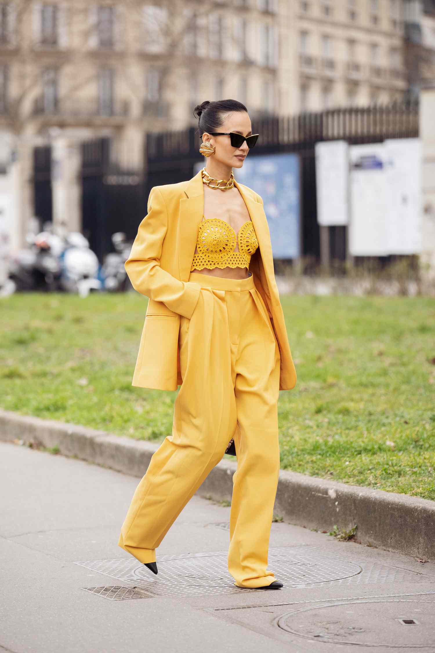 Anna Rosa Vitiello wears a lace top and matching suit, a libra outfit idea to try for 2023.