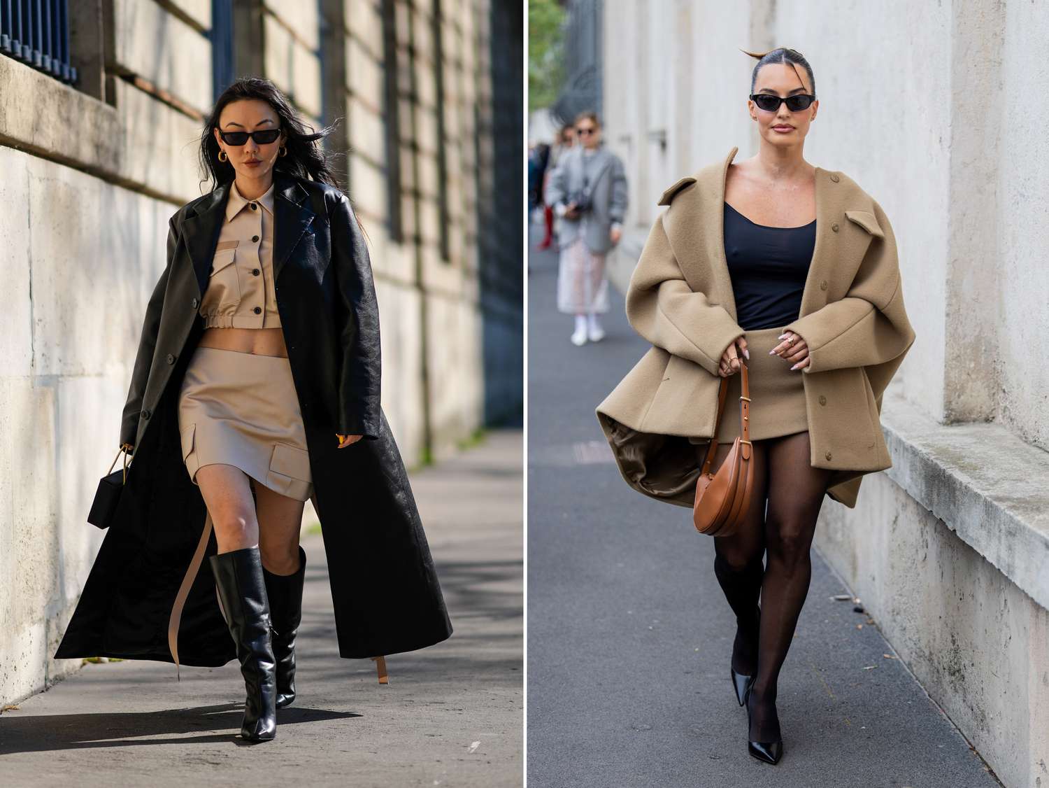 Two women wear black and tan outfits, Libra outfits to try for 2023.