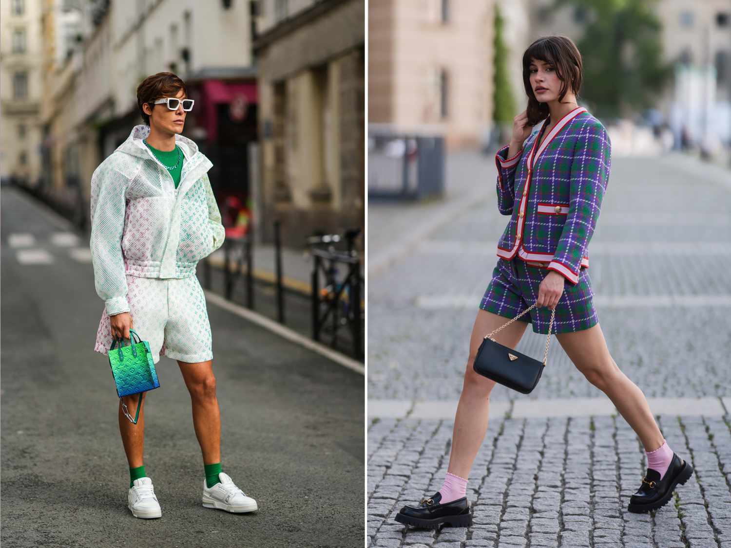 Two people wear outfits with coordinated accessories, Libra outfits to try for 2023.