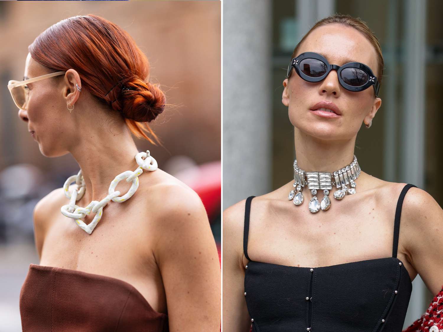 Two women wear low tops with chunky necklaces, a 2023 Scorpio outfit idea for women.