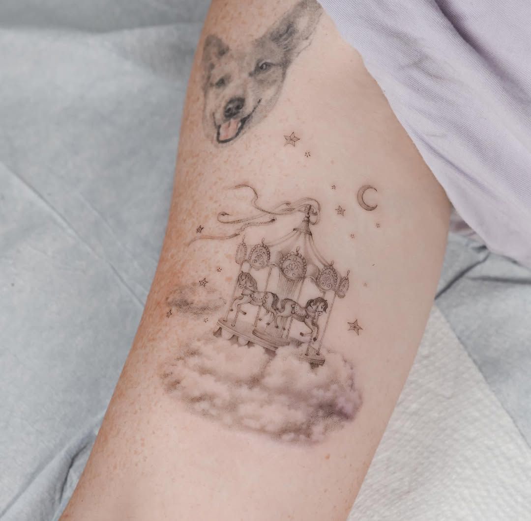 A carousel in the sky, with a moon at the top right of the desgin