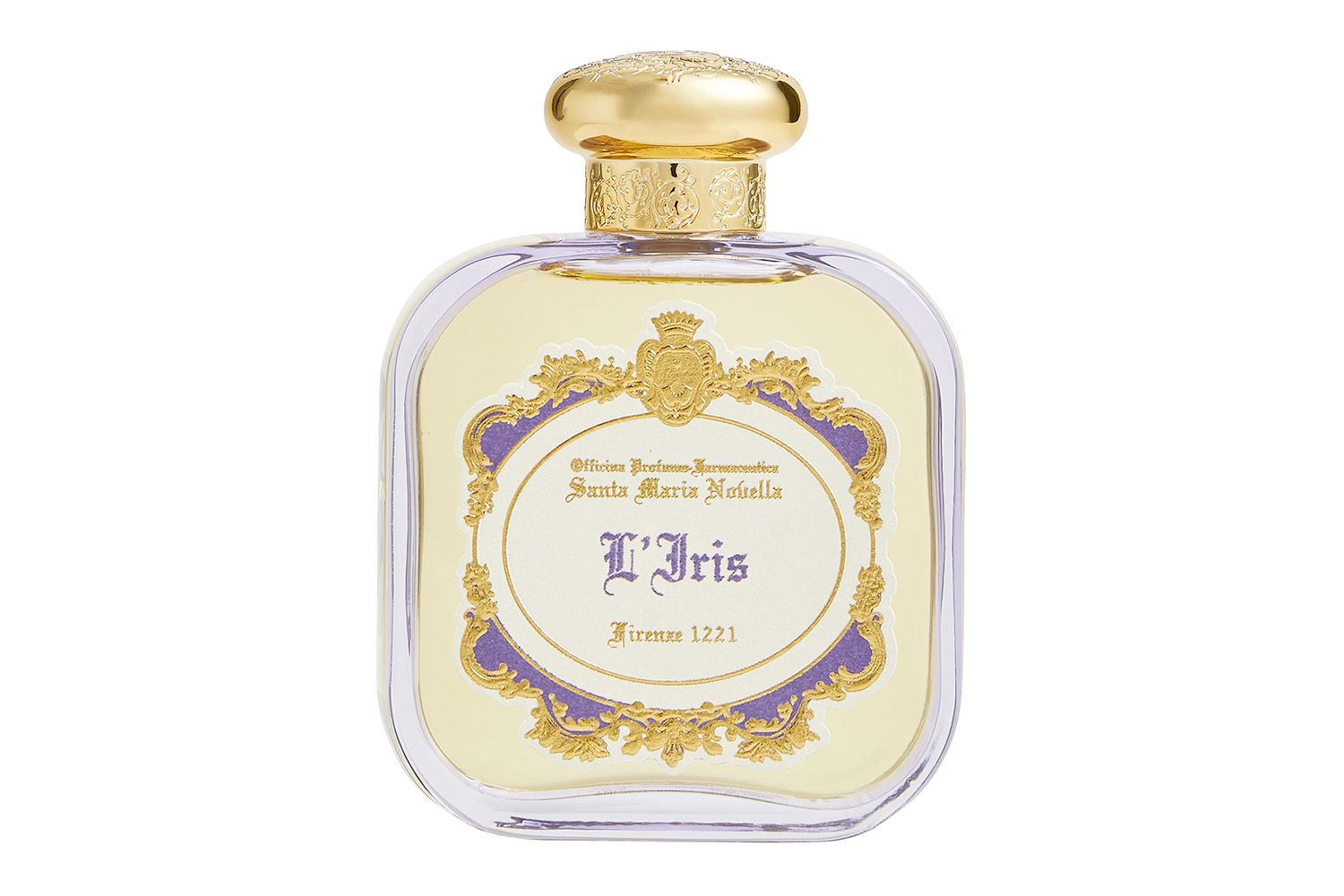 A luxury fragrance bottle labeled 'L'Iris' by Santa Maria Novella, featuring an ornate gold and purple design