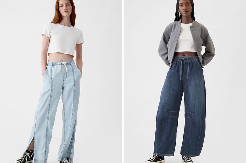 Two models showcasing casual outfits with sweatpants and jeans