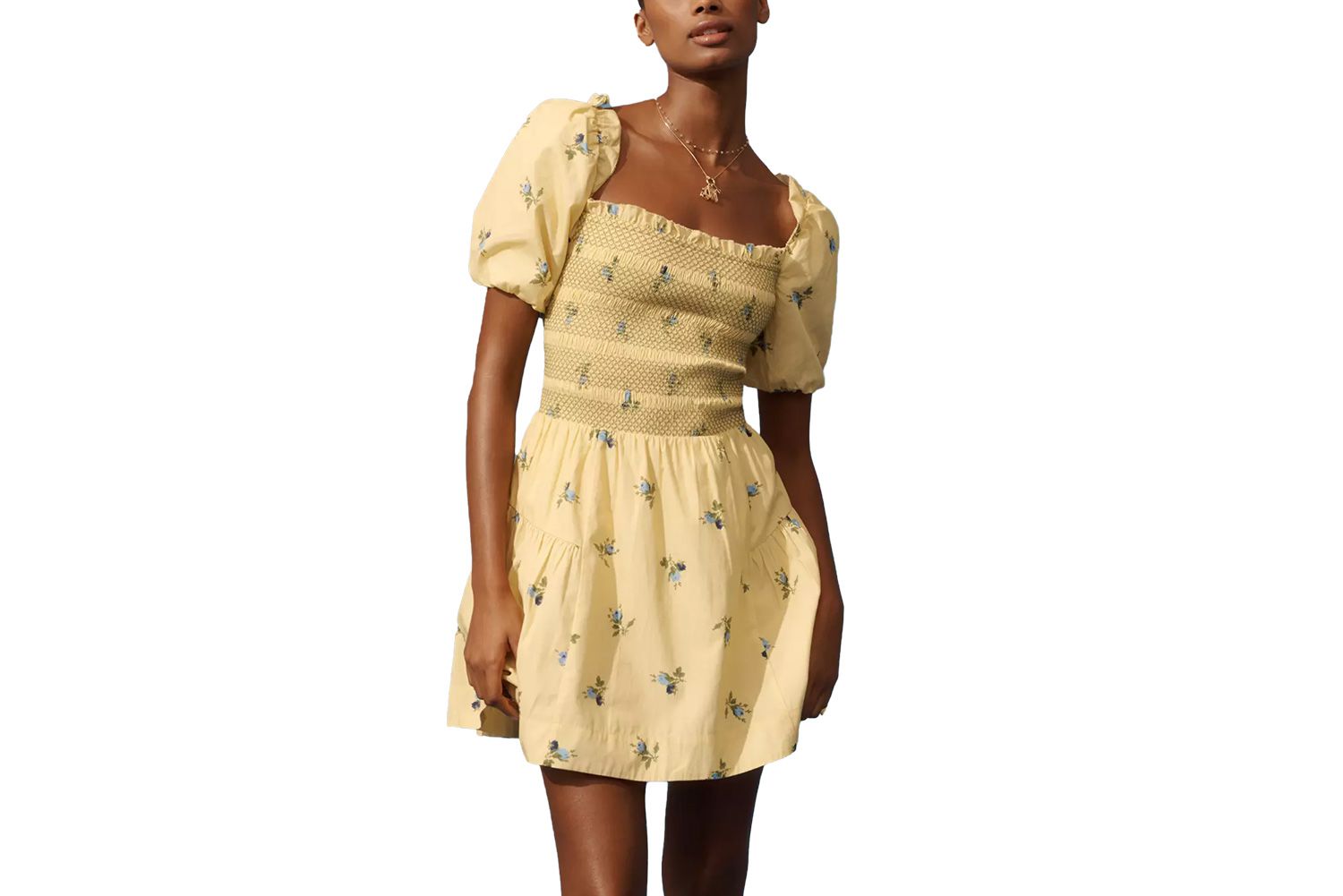 Anthropologie Puff-Sleeve Square-Neck Smocked Mini Dress