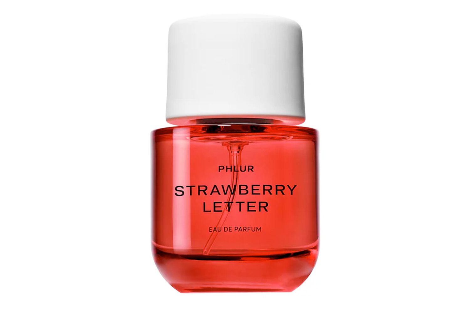 Phlur Strawberry Letter Eau de Parfum bottle, minimal design