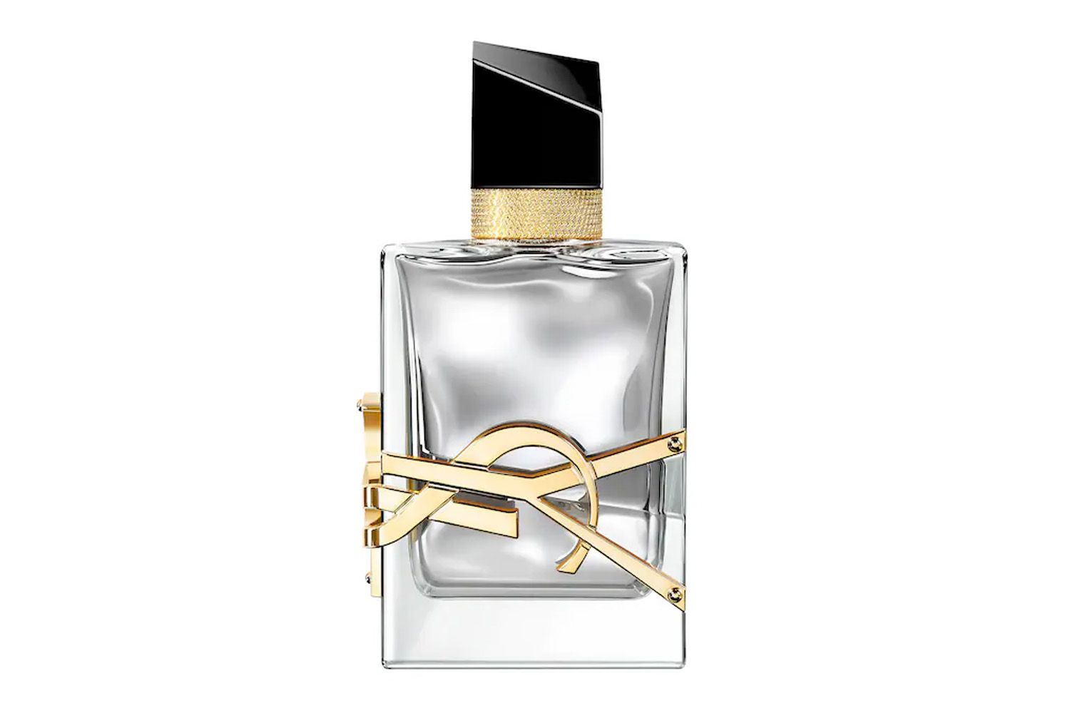 A bottle of Yves Saint Laurent perfume with gold and black accents