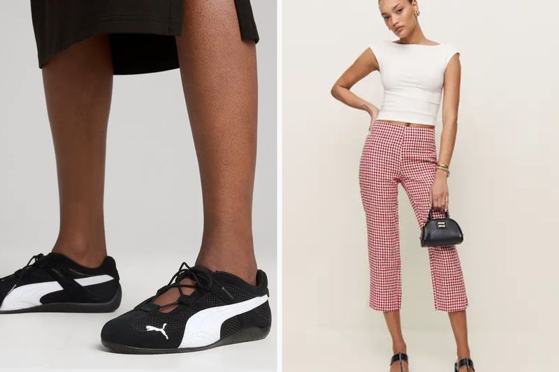 Left, close-up of black sneakers with a bold white accent; right, a woman wearing a white top and checkered trousers holding a small purse