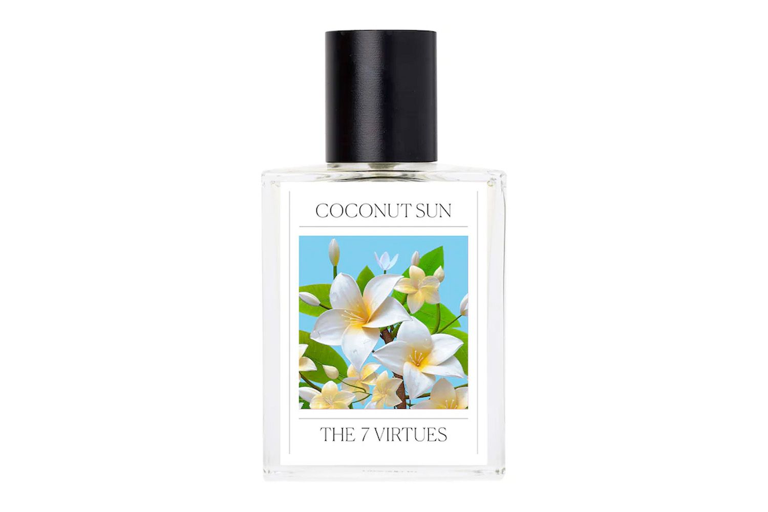 A perfume bottle with the label 'Coconut Sun' and floral design from 'The 7 Virtues' collection