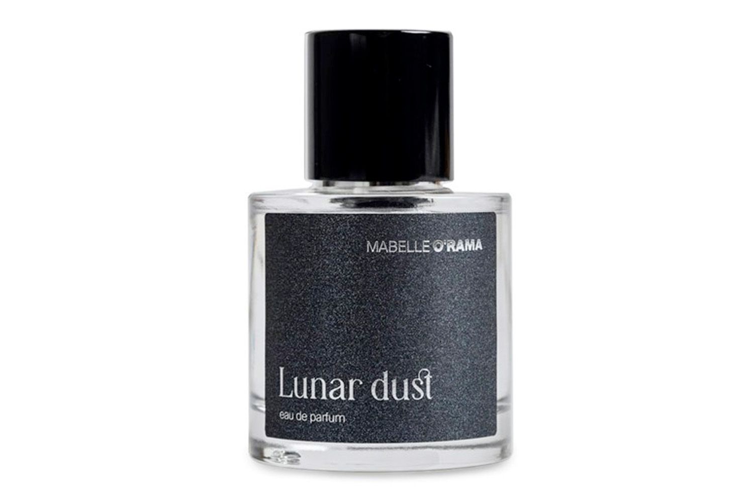 A bottle of Mabelle Orama Lunar Dust eau de parfum with a black label and cap