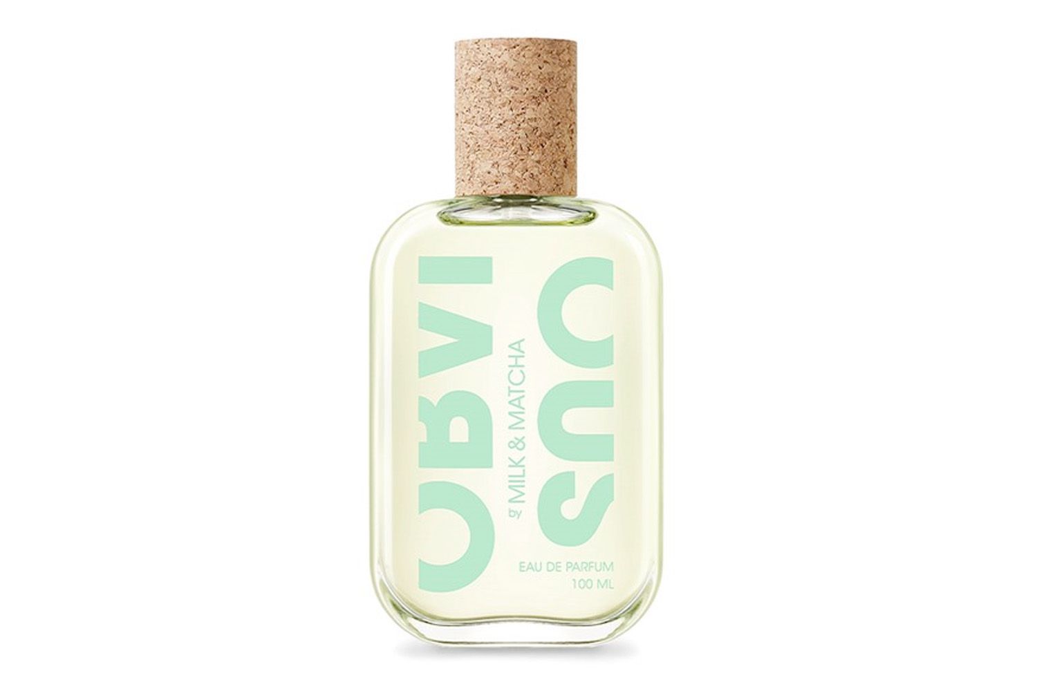 Obvious brand perfume bottle labeled "Milk & Matcha" with a cork cap