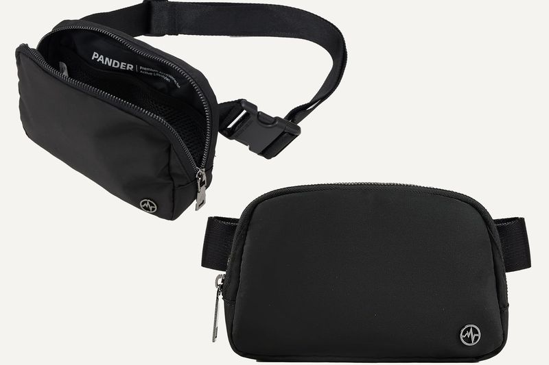 Two views of a black travel bag with zipper compartments and a strap