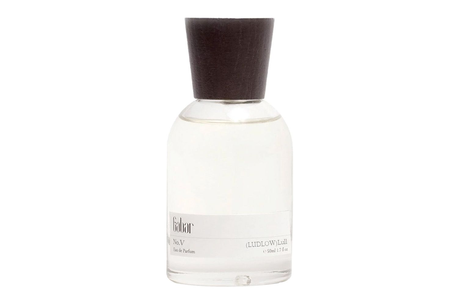 A bottle of perfume with a dark cap and a minimalist label