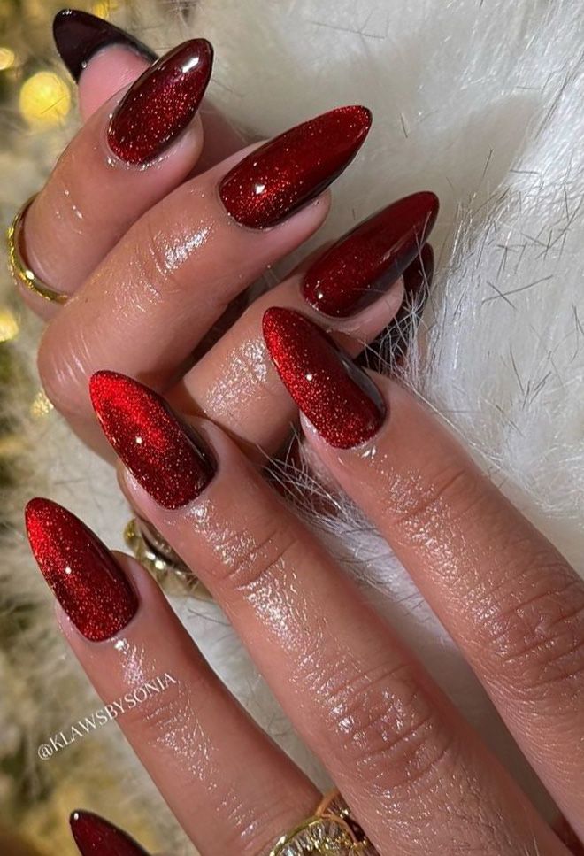 A closup of a red velvet manicure.