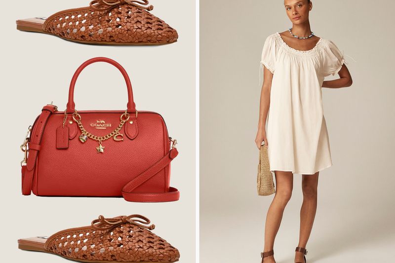 Handbag woven shoes and a model wearing a casual dress