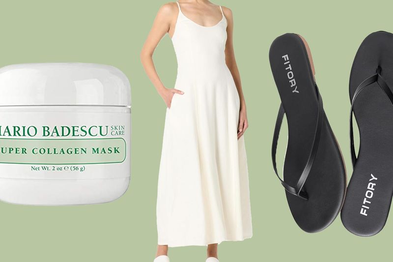 A collage featuring a skincare product a dressed model and a pair of sandals displayed together on a plain background