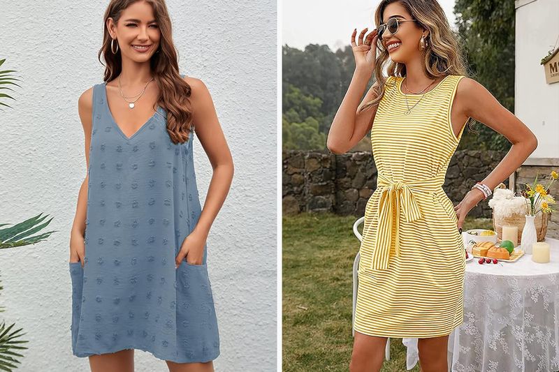 Two women modeling casual sleeveless dresses one wearing a blue dress and the other a yellow one standing in outdoor settings