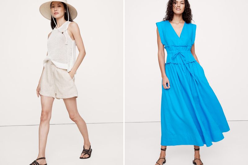 Two women modeling summer clothing one in a sleeveless top and shorts the other in a sleeveless blue dress
