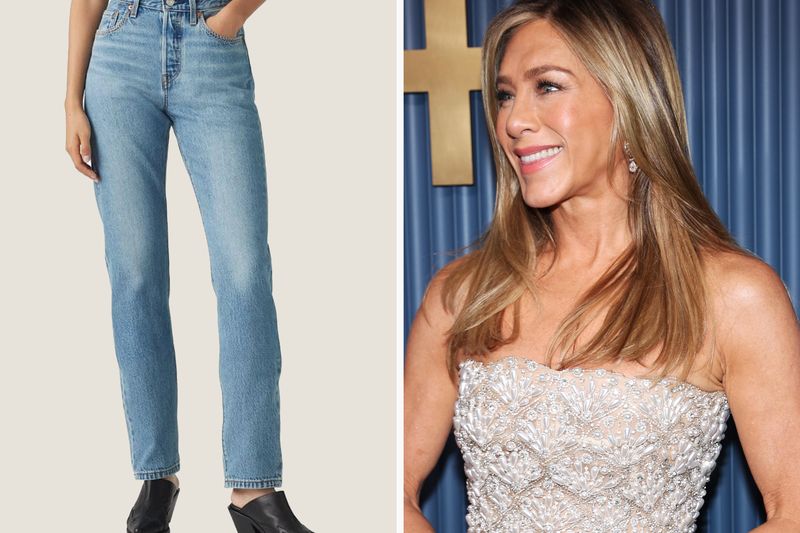 Split image of jeans and Jennifer Aniston at an event