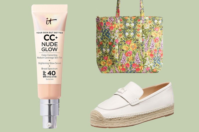 A makeup tube a floral tote bag and a white loafer shoe placed together