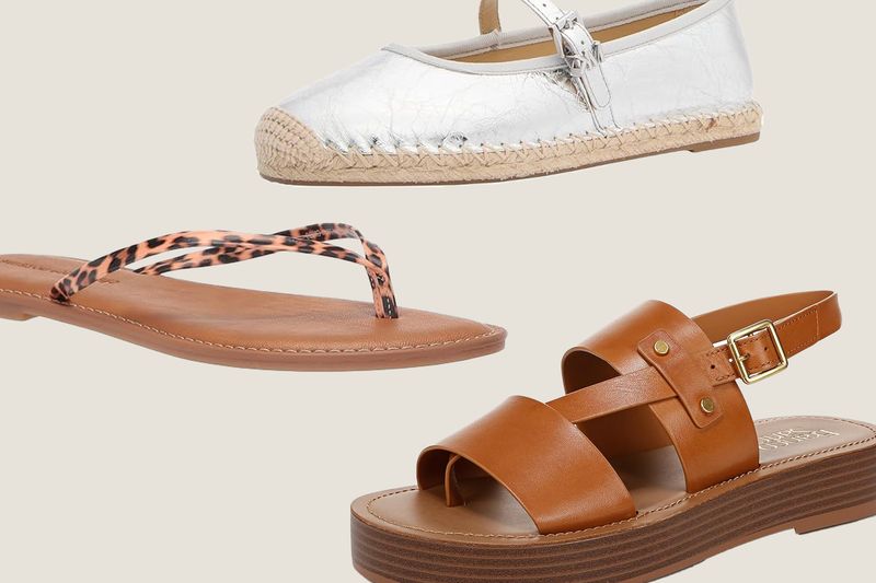 A selection of three women's shoe styles, including espadrilles, flip-flops with leopard-print straps, and brown platform sandals