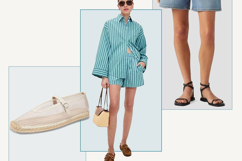 Casual summer fashion featuring espadrilles striped shirt outfit and sandals with shorts