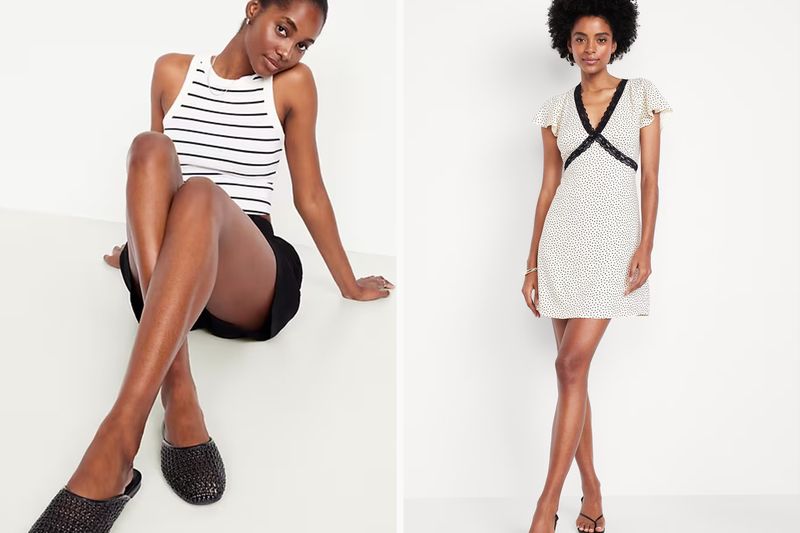 Two women modeling outfits one in a striped top and shorts sitting the other in a patterned dress standing