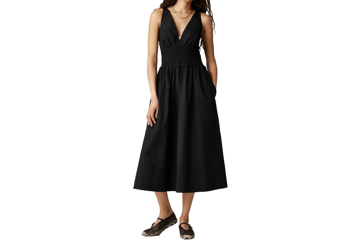 Plunge Smocked Waist Dress In Cotton Poplin