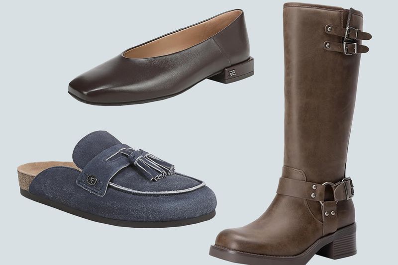 A selection of three different styles of footwear including flats loafers and a boot