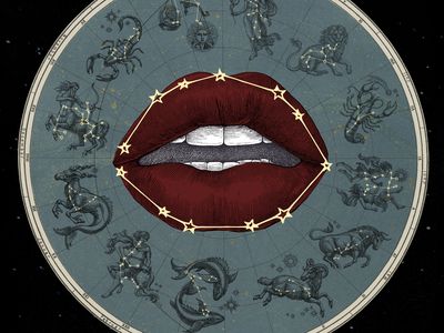 Stylized illustration of the Zodiac wheel showing all twelve signs with their corresponding stars, centered by dark red lips, set against a black starry background.