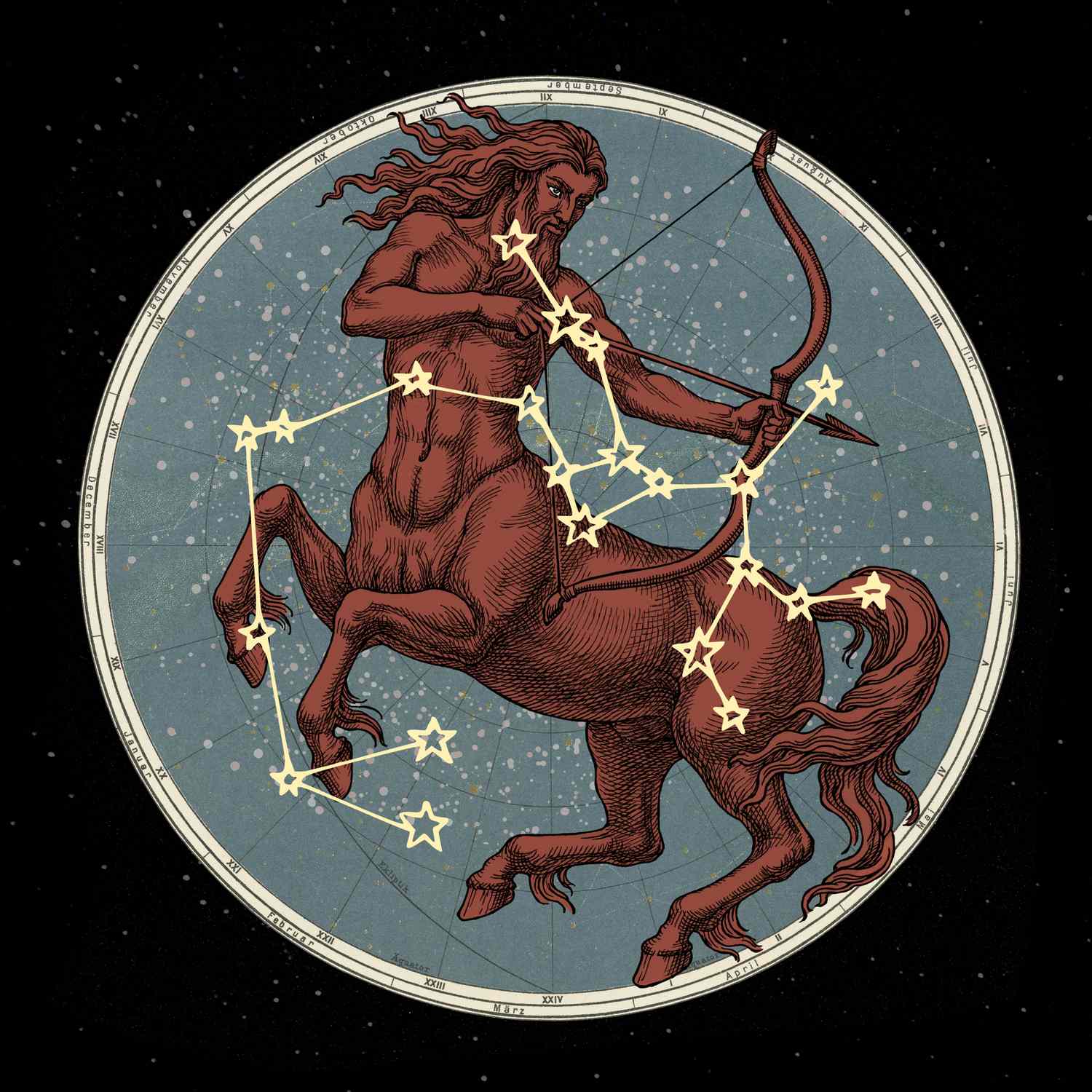 Stylized illustration of the Sagittarius zodiac sign featuring an archer surrounded by celestial planets.