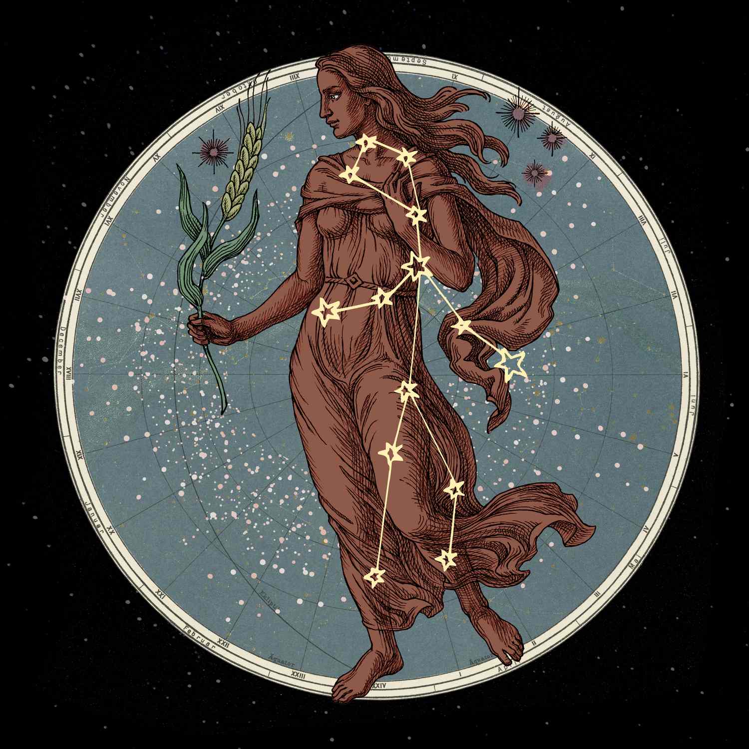 Stylized illustration of the Virgo zodiac sign featuring a maiden surrounded by celestial planets.