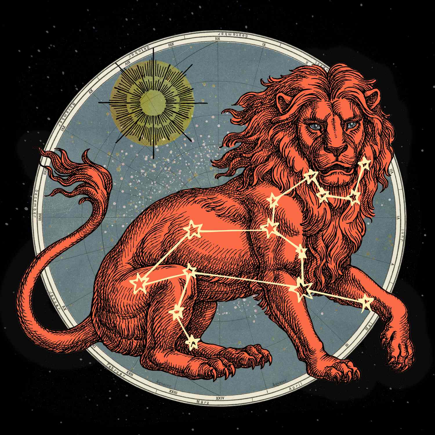 Stylized illustration of the Leo zodiac sign featuring a lion surrounded by celestial planets.
