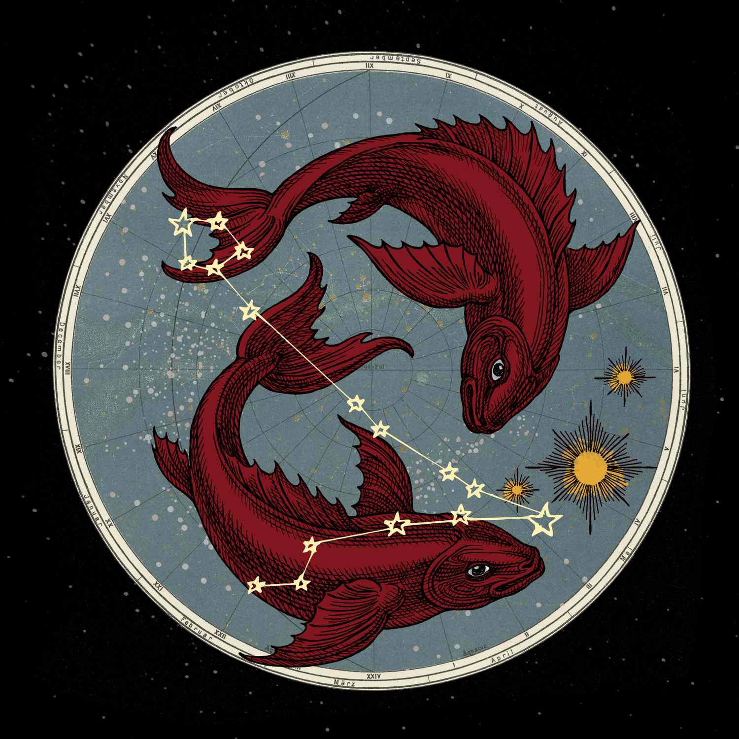 Stylized illustration of the Pisces zodiac sign featuring two fish surrounded by celestial planets