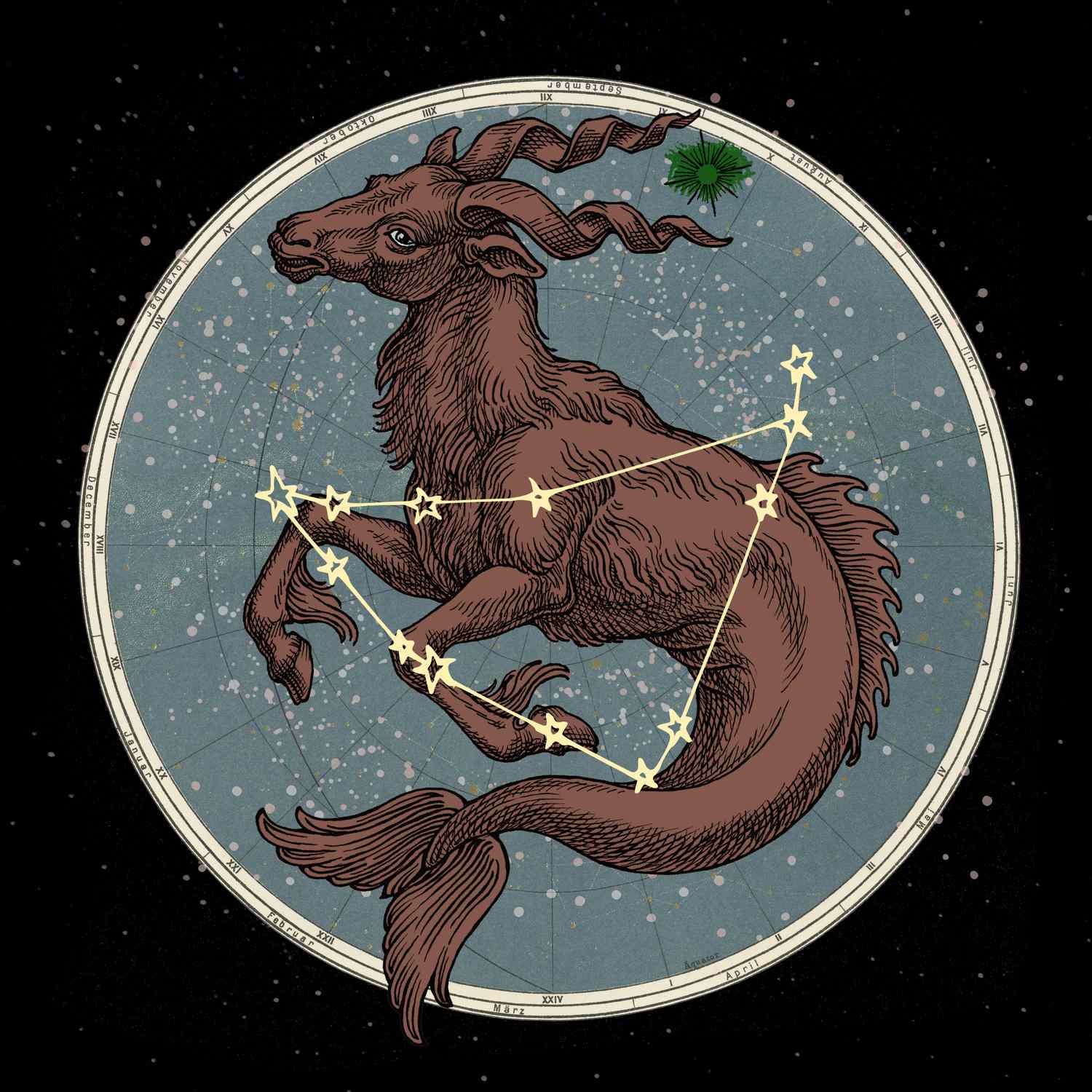 Stylized illustration of the Capricorn zodiac sign featuring a goat surrounded by celestial planets