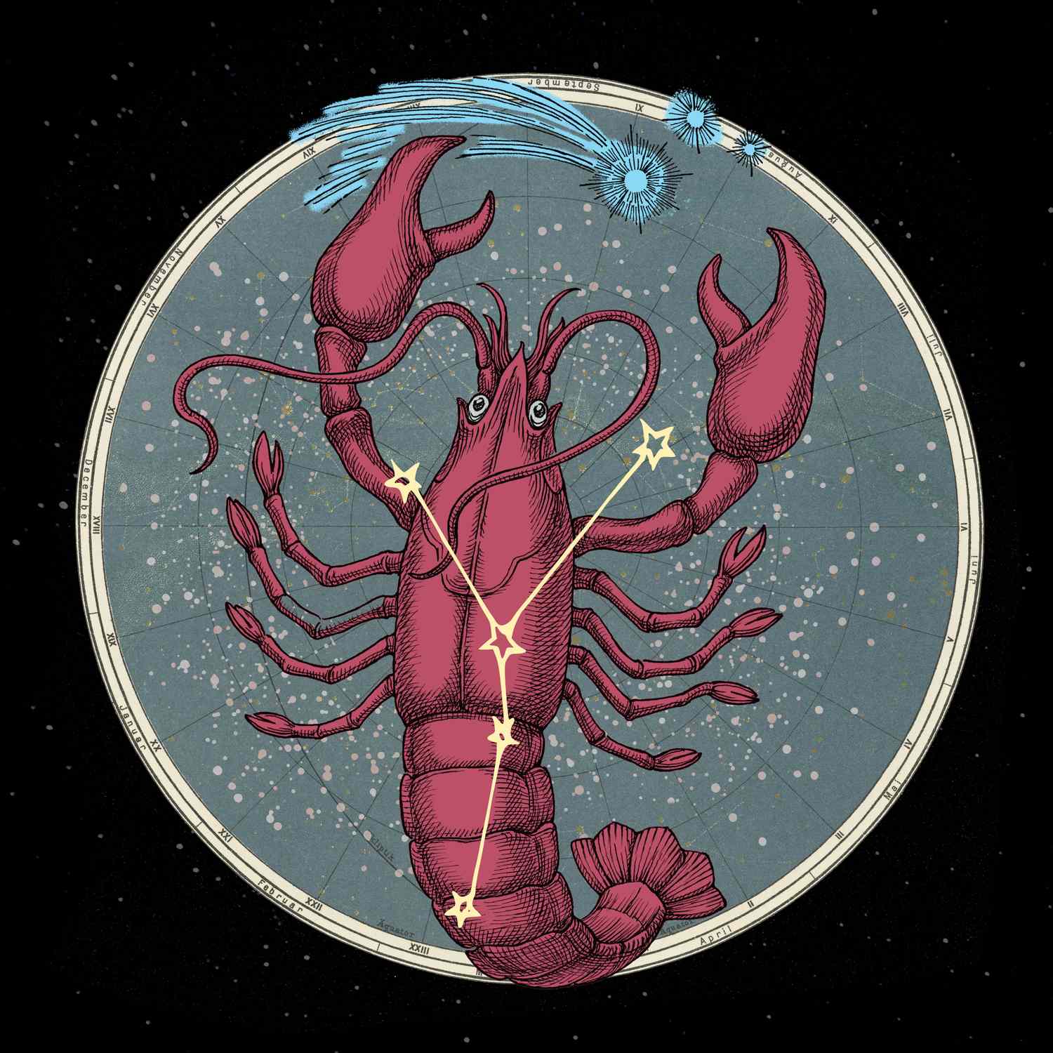 Stylized illustration of the Cancer zodiac sign featuring a sea creature surrounded by celestial planets.