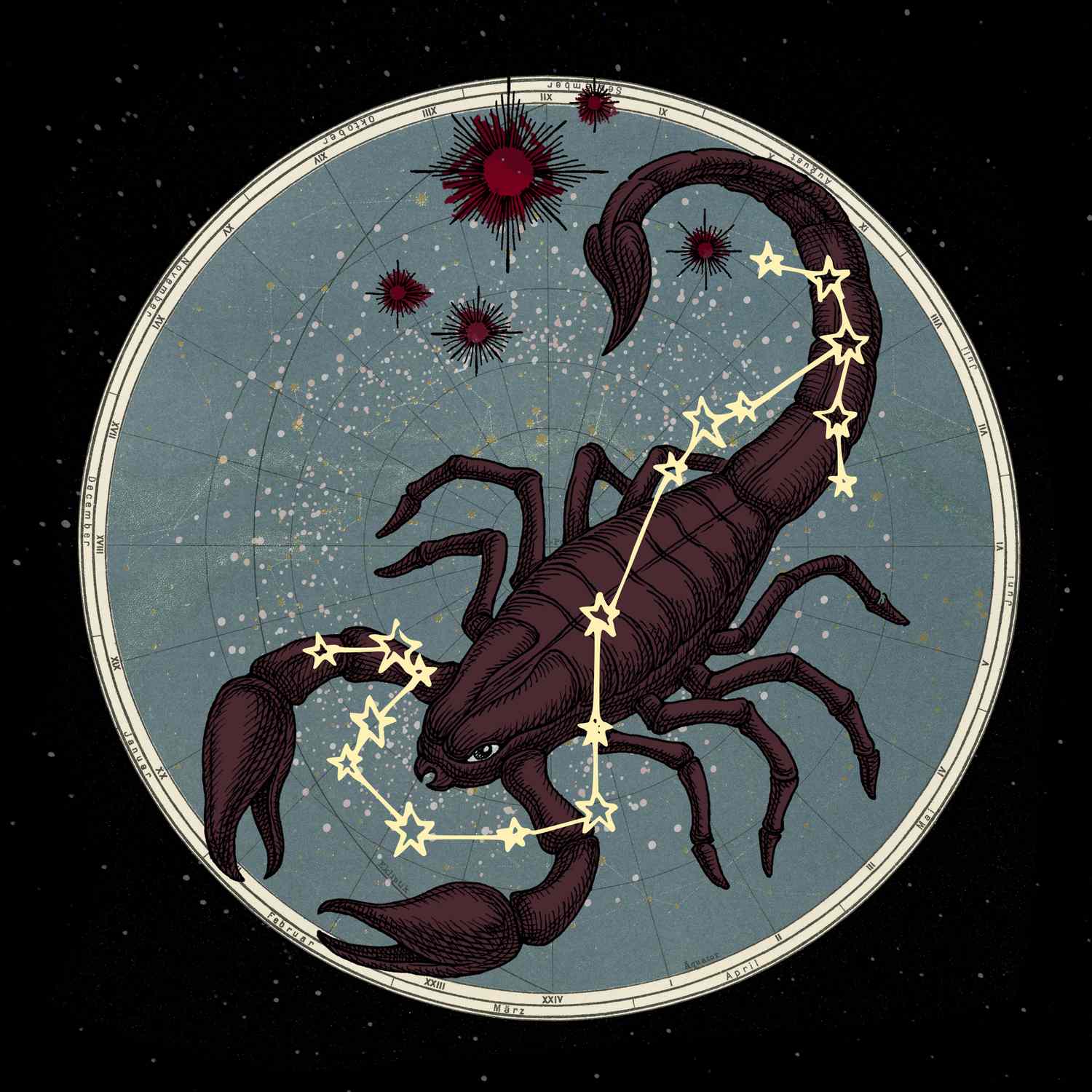 Stylized illustration of the Scorpio zodiac sign featuring a scorpion surrounded by celestial planets