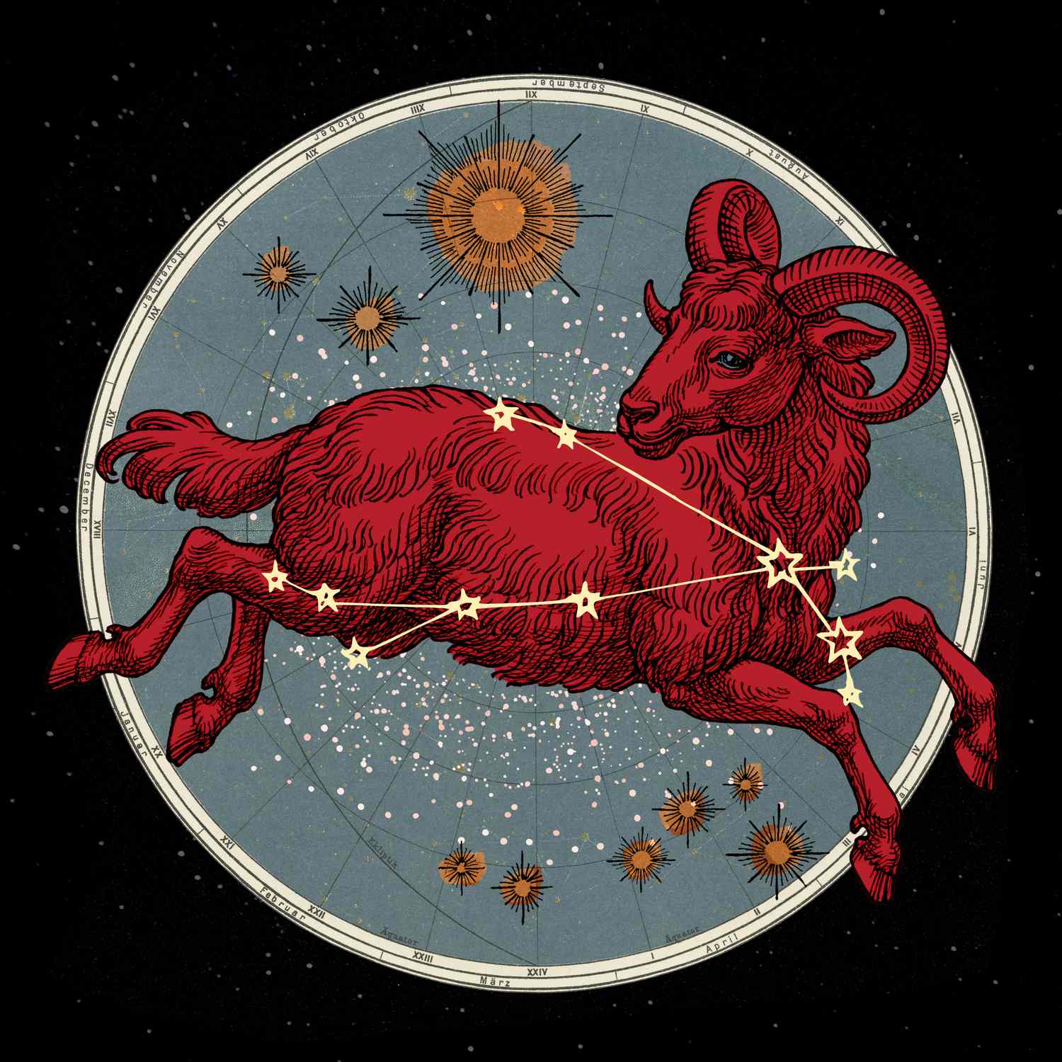 Stylized illustration of the Aries zodiac sign featuring a ram surrounded by celestial planets.