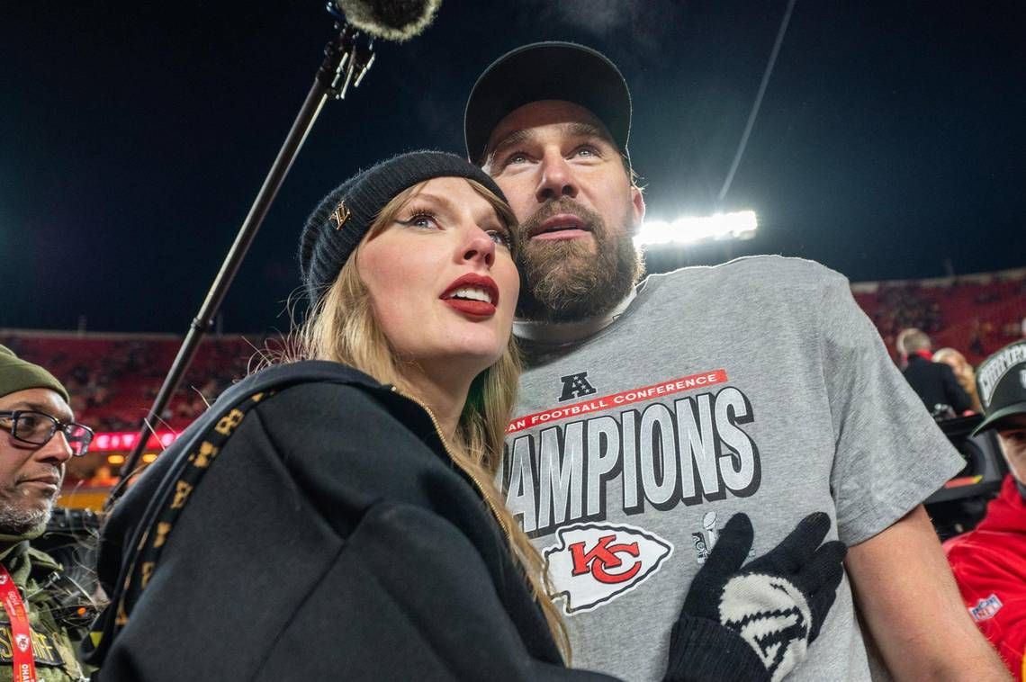 Taylor Swift and Travis Kelce at a football game in early 2025 