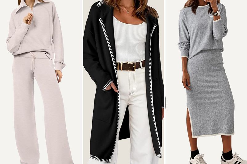 Three individuals displaying casual fashion outfits including a loungewear set a long coat with a top and pants and a top with a skirt