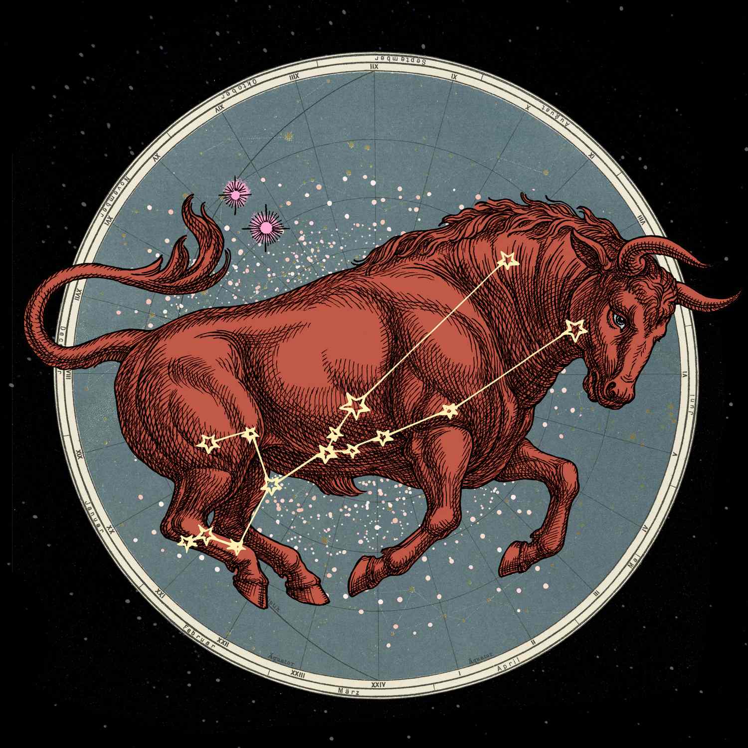 Stylized illustration of the Taurus zodiac sign featuring a bull surrounded by celestial planets.