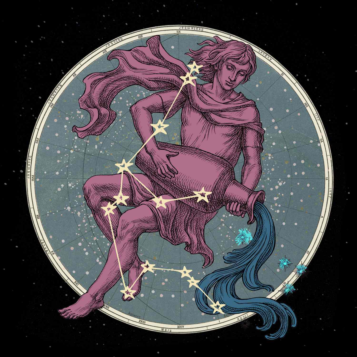 Stylized illustration of the Aquarius zodiac sign featuring a water bearer surrounded by celestial planets.