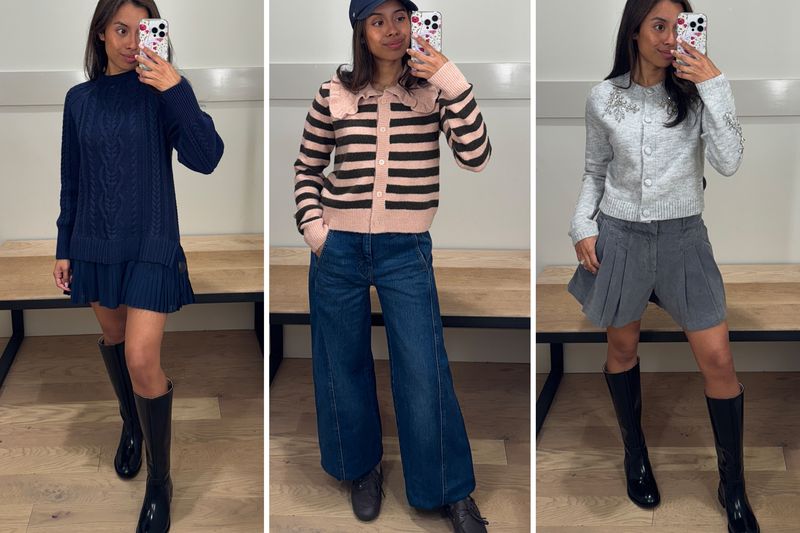 A person modeling three different outfits in a series of photos each taken in front of a mirror indoors