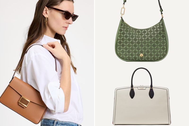 A model wearing sunglasses with a Kate Spade handbag on her shoulder alongside two other Kate Spade bags displayed