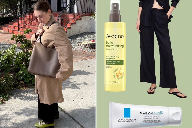 Person in a coat carrying a large bag product images of moisturizer lotion and black clothing set