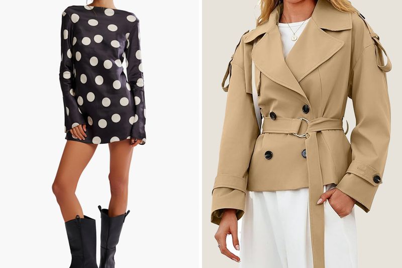 Two outfits displayed a polka dot dress with boots and a trench coat over white attire