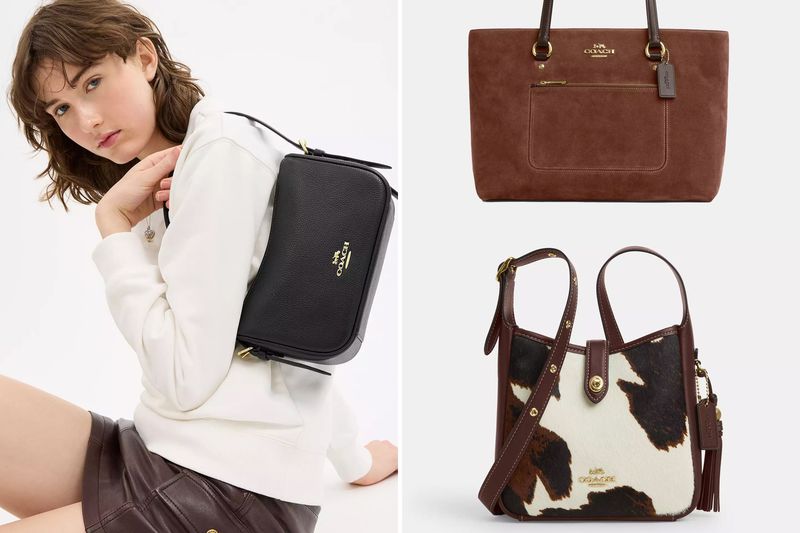 A model displays a black Coach backpack with two additional Coach bags shown alongside