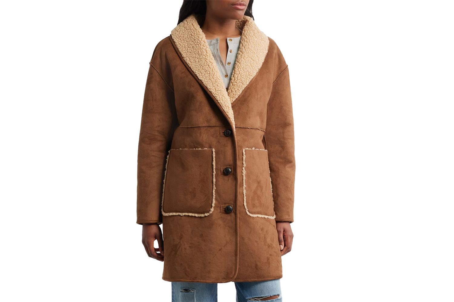 Shawl Collar Faux Shearling Coat Lucky Brand